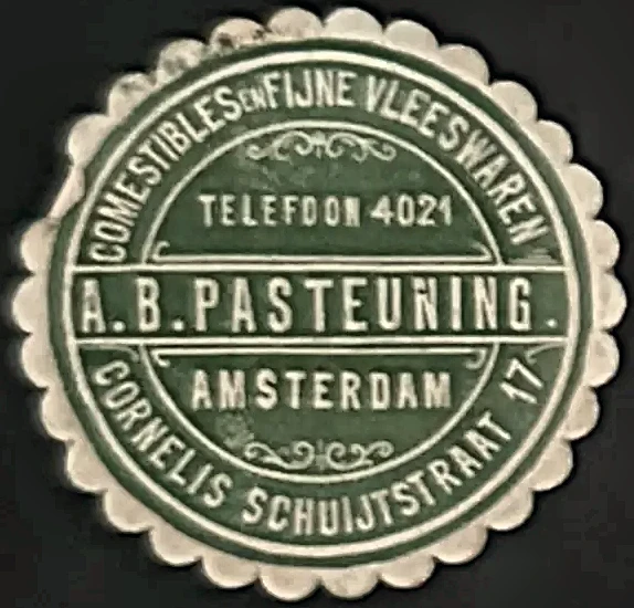 Sluitzegel A.B. Pasteuning – Comestibles en Fijne Vleeswaren, Amsterdam