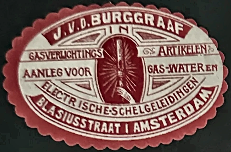 Reclamesluitzegel J.V.D. Burggraaf – Gasverlichtingsartikelen Amsterdam