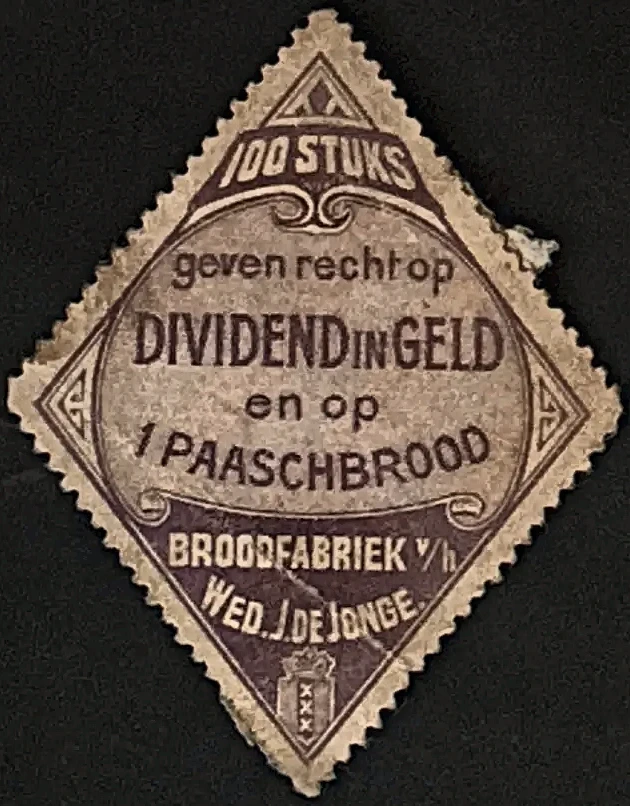 Sluitzegel Broodfabriek Wed. J. de Jonge – Dividend in Geld en Paaschbrood