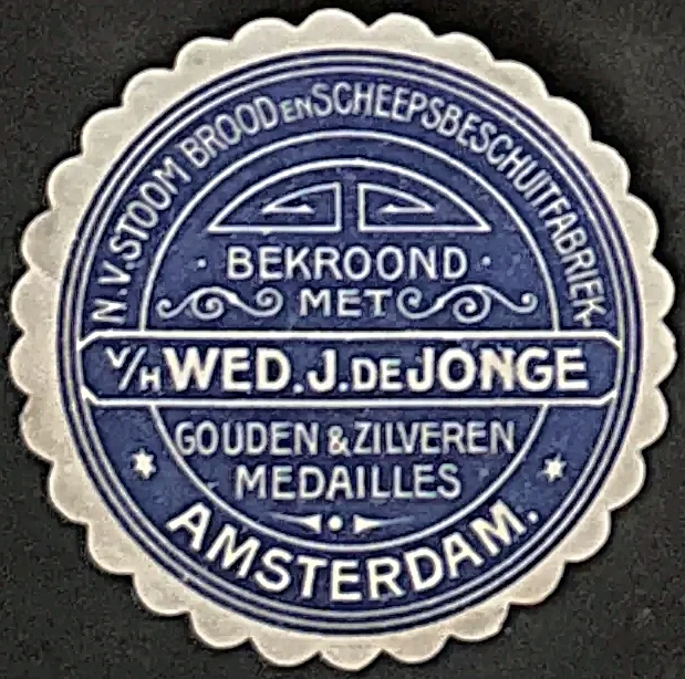 Sluitzegel N.V. Stoom Brood en Scheepsbeschuitfabriek Wed. J. de Jonge Amsterdam