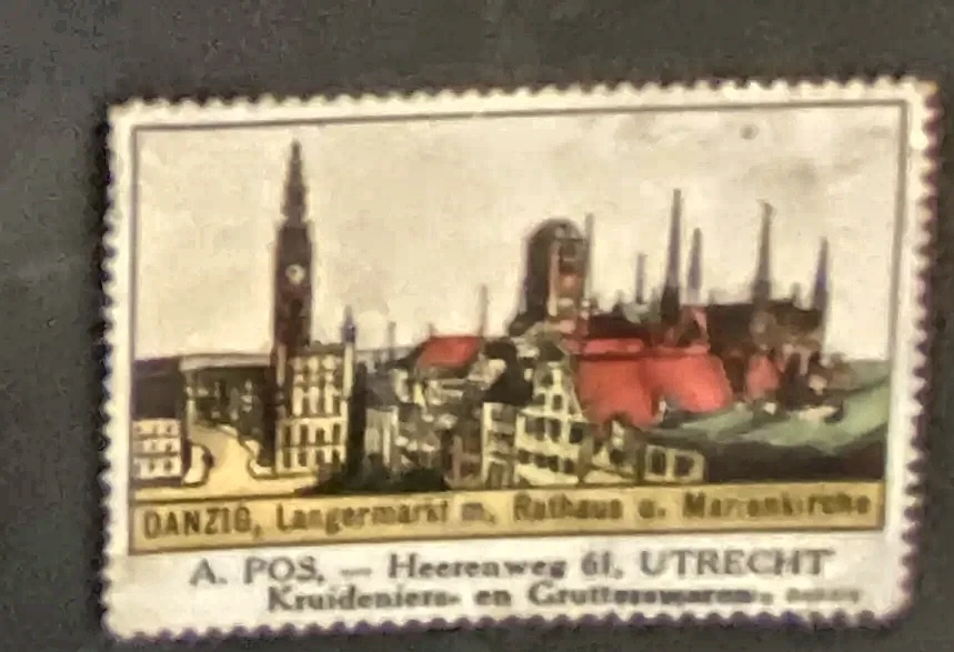 Reclamezegel A. Pos – Kruidenierswaren Utrecht met stadsgezicht Danzig