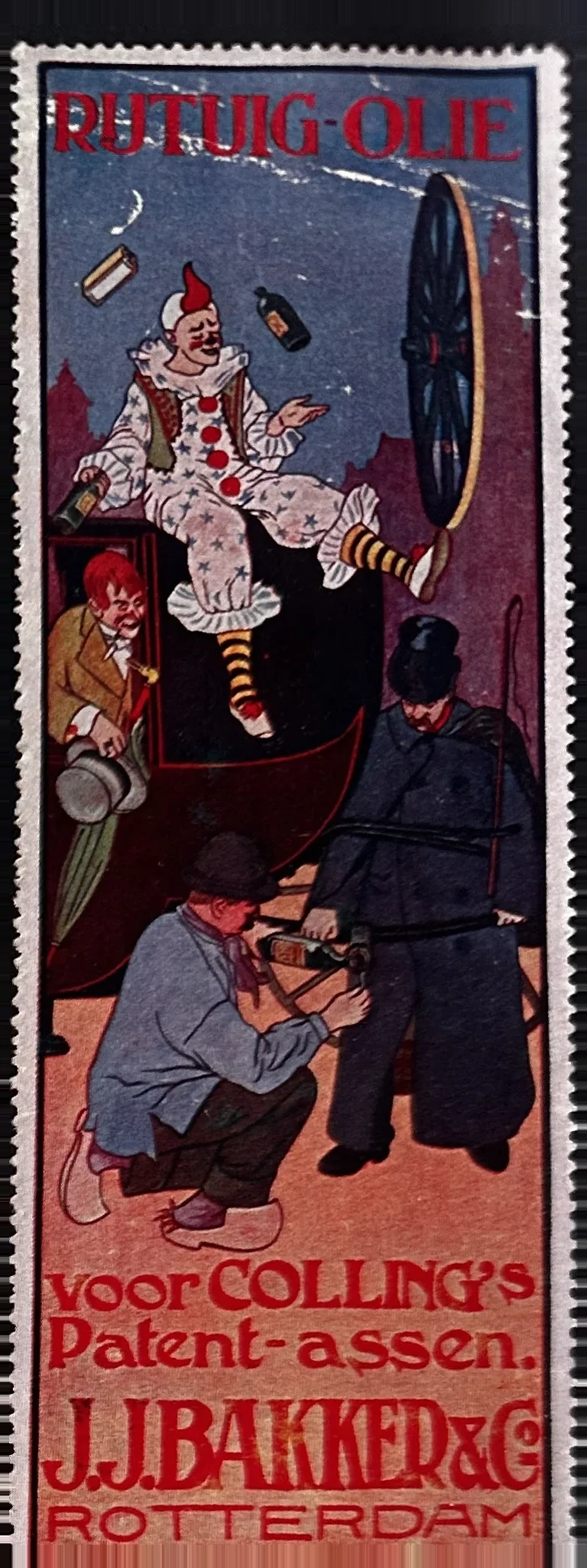 Rijtuig-Olie J.J. Bakker & Co. Rotterdam — clown op rijtuig