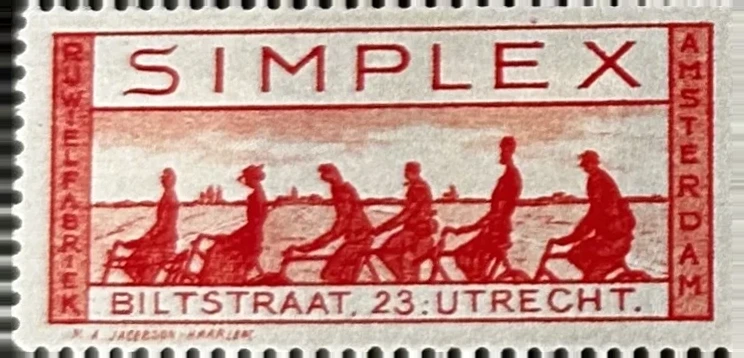 Simplex Rijwielfabriek Utrecht — Reclamezegel met fietsers