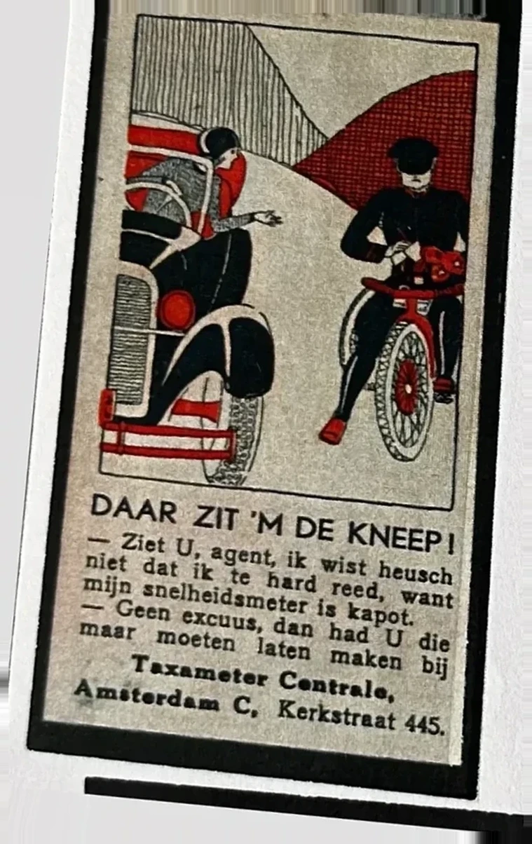 Reclame sluitzegel Taxameter Centrale Amsterdam – 'Daar zit 'm de kneep!'