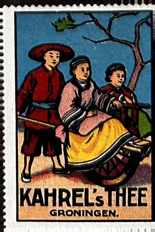 Kahrel's Thee – Groningen, reclamesluitzegel met figuren in klederdracht