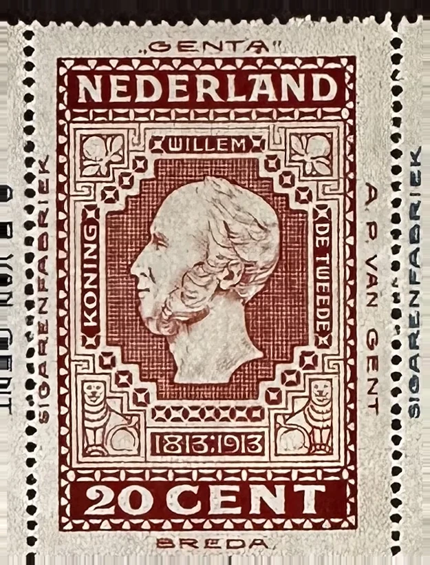 Sluitzegel A.P. van Gent Sigarenfabriek Breda – Postzegel-imitatie 1913