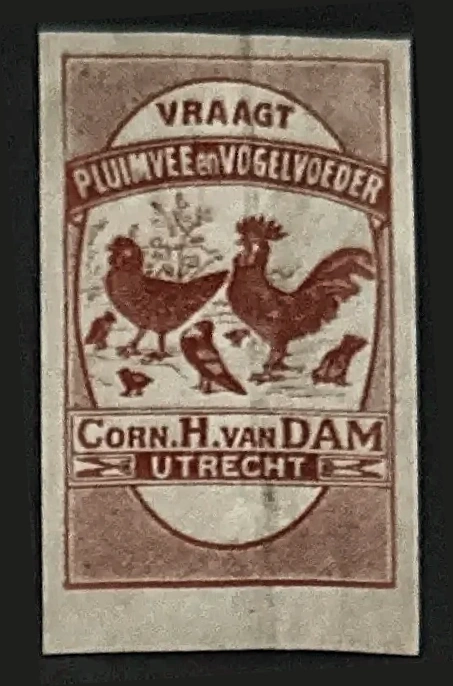 Reclamesluitzegel Corn. H. van Dam – Pluimvee en Vogelvoeder, Utrecht
