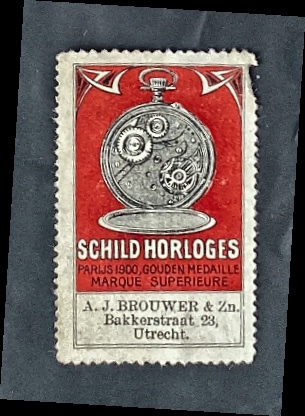 Reclamesluitzegel Schild Horloges – A.J. Brouwer & Zn., Utrecht