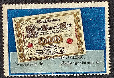 Reclamesluitzegel Firma Wed. Neukerk met Reichsbanknote 1000 Mark