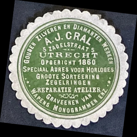 Sluitzegel A.J. Cral – Gouden, Zilveren en Diamanten Werken, Utrecht